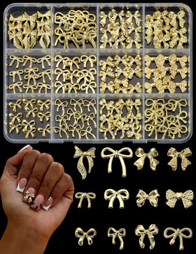 UWETIME front packaging showing 120 gold bow nail charms, organized and ready