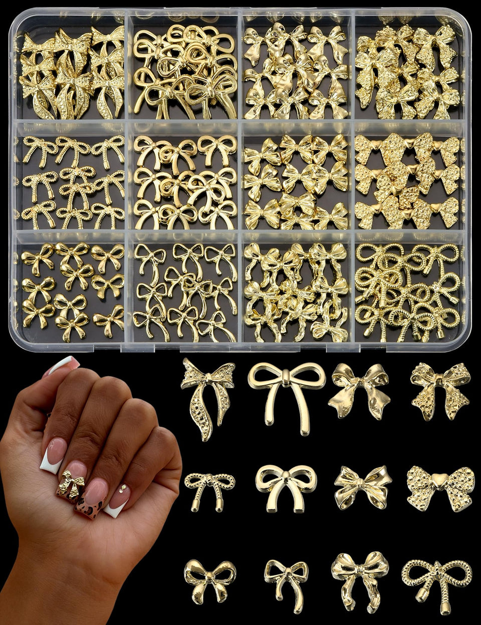 UWETIME front packaging showing 120 gold bow nail charms, organized and ready