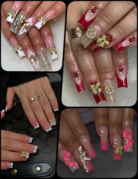 UWETIME bridal manicure with gold bows, adding elegant photo-ready accents