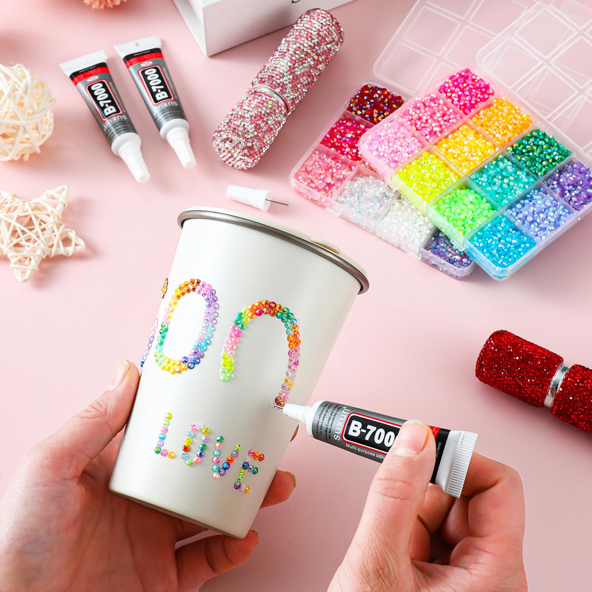 UWETIME layout of B7000 glue, tweezers and dotting pen for precise gem application
