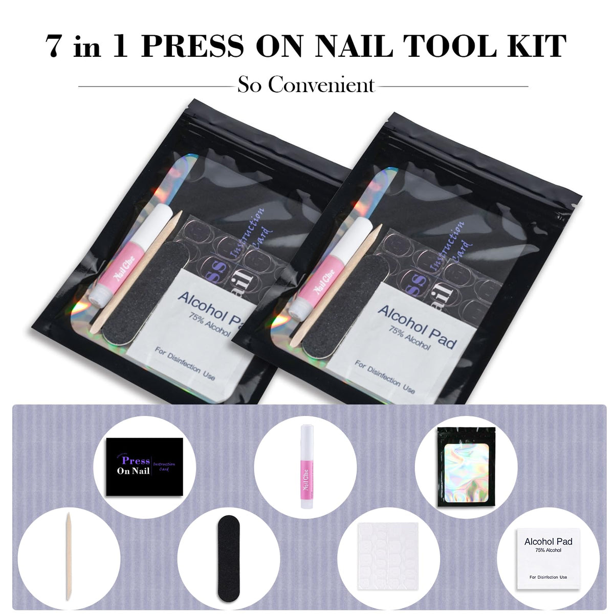 Uyolaxed contents laid out displaying files, glue, tabs, sticks, pads, bags for quick prep