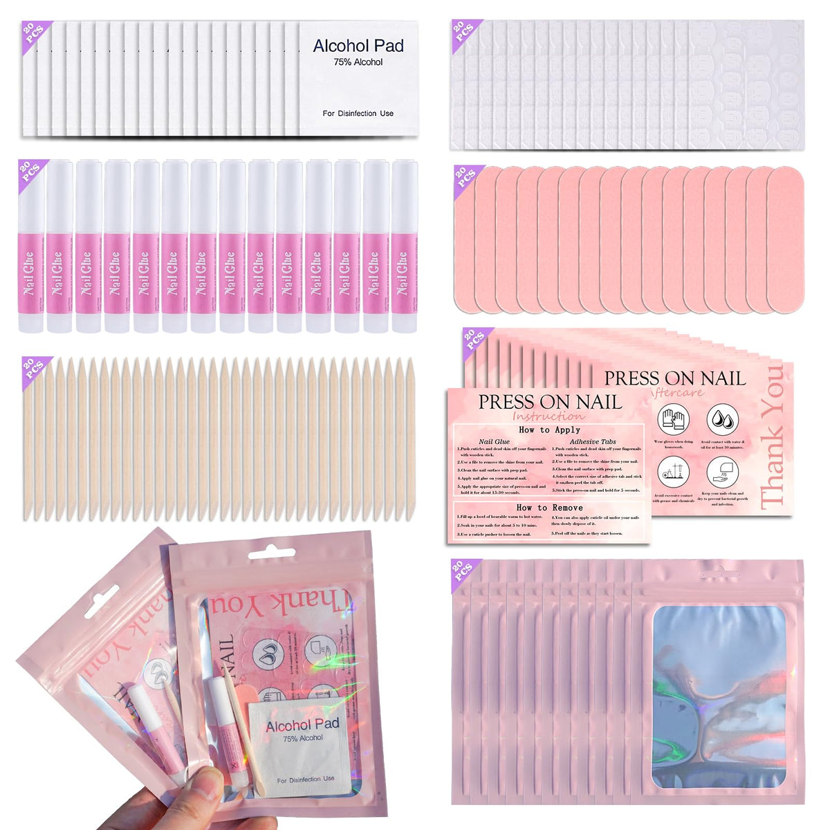Uyolaxed front packaging showing 20-set press-on manicure kit, professional convenience