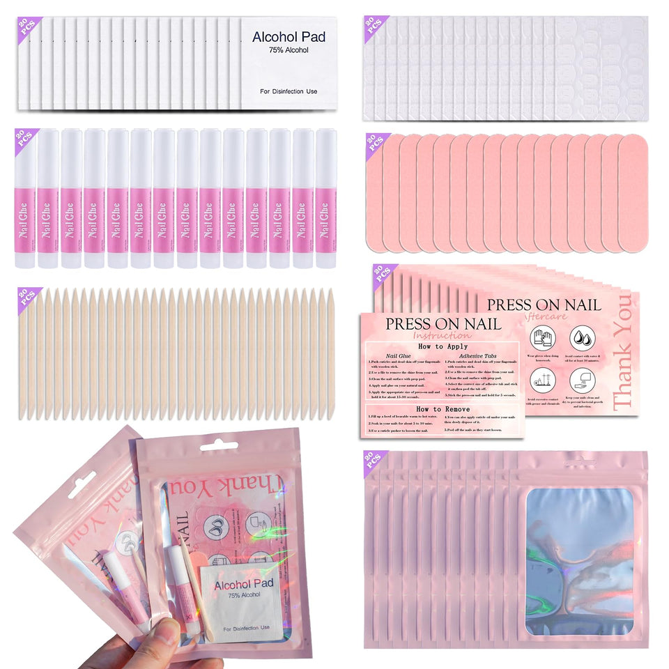 Uyolaxed front packaging showing 20-set press-on manicure kit, professional convenience