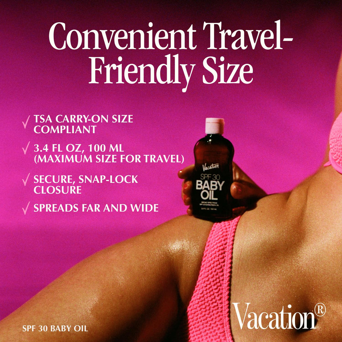 VACATION bottle held in hand showing travel-friendly size and convenience