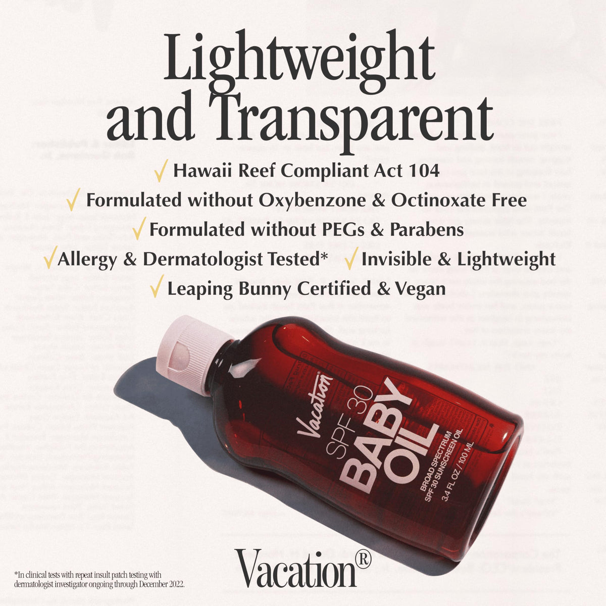 VACATION ingredient label close-up showing jojoba and botanical benefits