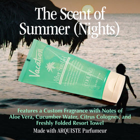 VACATION bottle placed on beach towel showing post-sun use