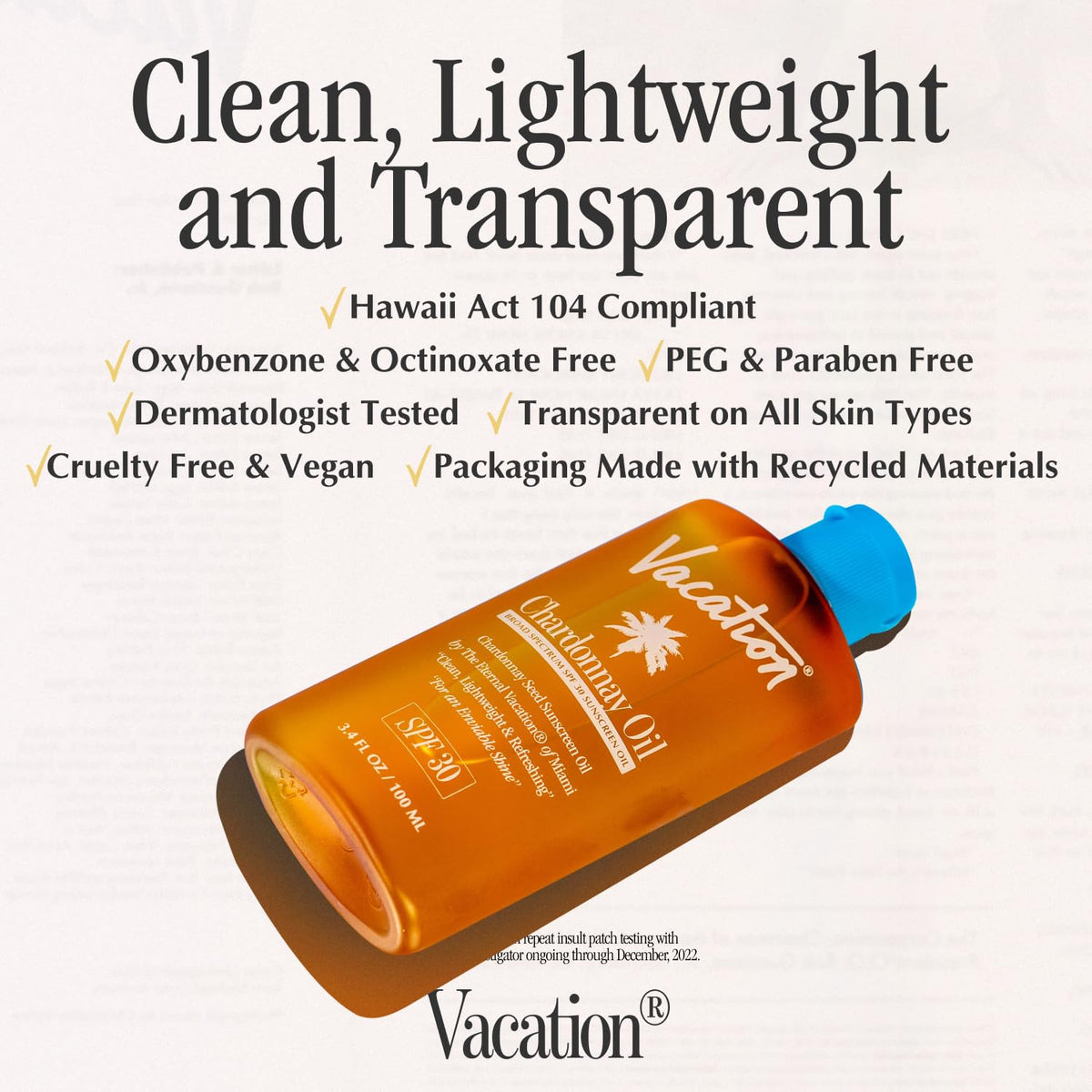 VACATION oil on beach towel showing sun-ready, hydrating glow