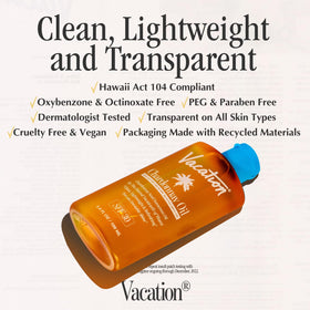 VACATION oil on beach towel showing sun-ready, hydrating glow