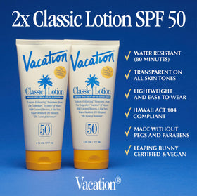 VACATION lotion applied on forearm demonstrating fast-absorbing finish