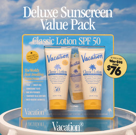 VACATION ingredient label close-up highlighting niacinamide and aloe vera benefits
