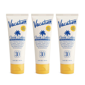 VACATION front packaging showing three travel-size bottles and SPF 30 benefit