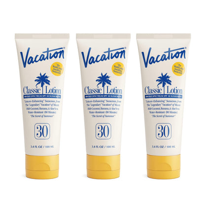 VACATION front packaging showing three travel-size bottles and SPF 30 benefit