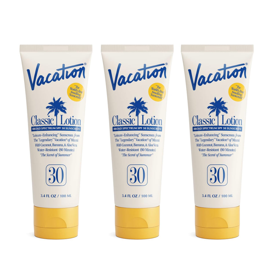 VACATION front packaging showing three travel-size bottles and SPF 30 benefit