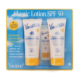 VACATION front packaging showing SPF 50 and two 6 fl oz bottles for convenience