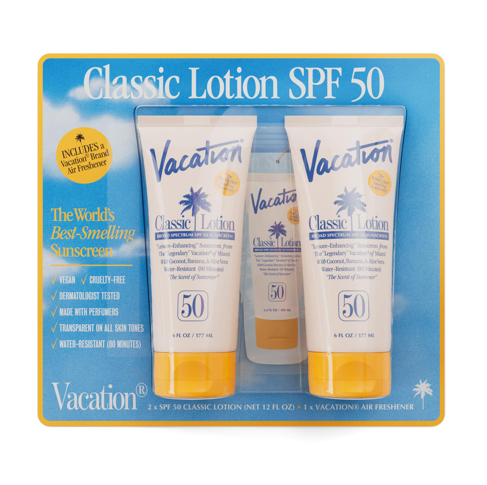 VACATION front packaging showing SPF 50 and two 6 fl oz bottles for convenience