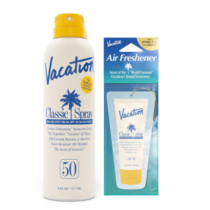 VACATION front packaging showing SPF 50 and water-resistant benefit