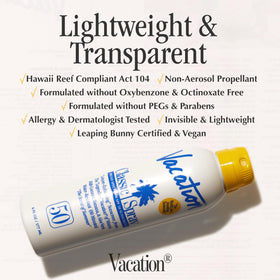 VACATION applying spray at beach for broad-spectrum sun protection