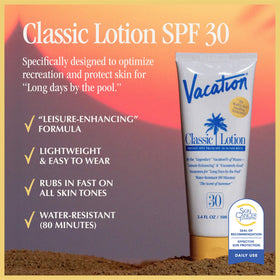 VACATION open cap and lotion texture demonstrating quick-absorbing finish