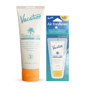 VACATION front packaging showing sunscreen and air freshener, travel-ready protection