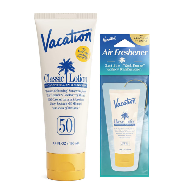 VACATION front packaging showing sunscreen and air freshener, travel-ready benefit