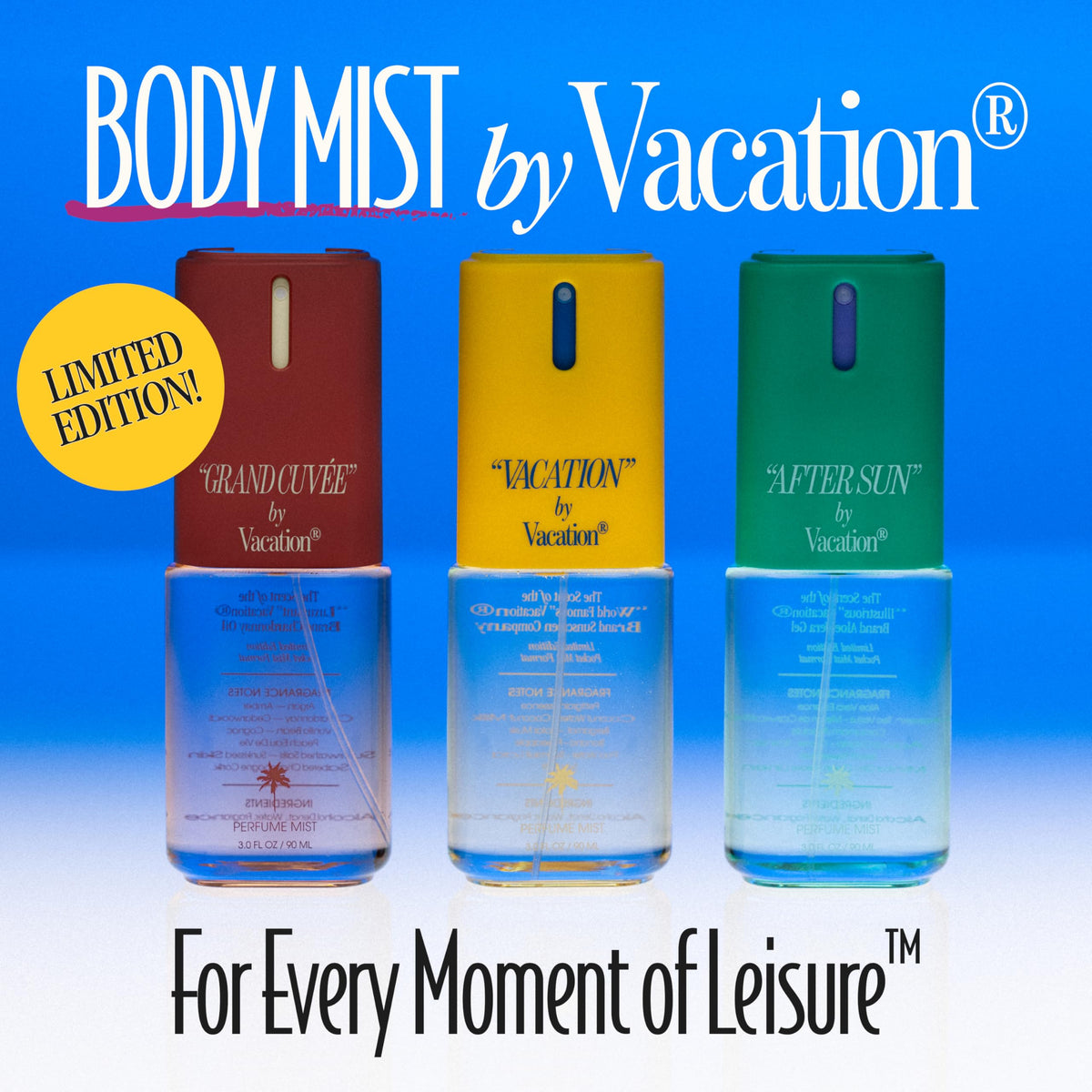 VACATION bottle on a beach towel lifestyle image conveying sunny, layered scent