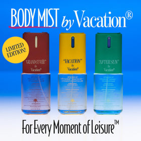 VACATION bottle on a beach towel lifestyle image conveying sunny, layered scent