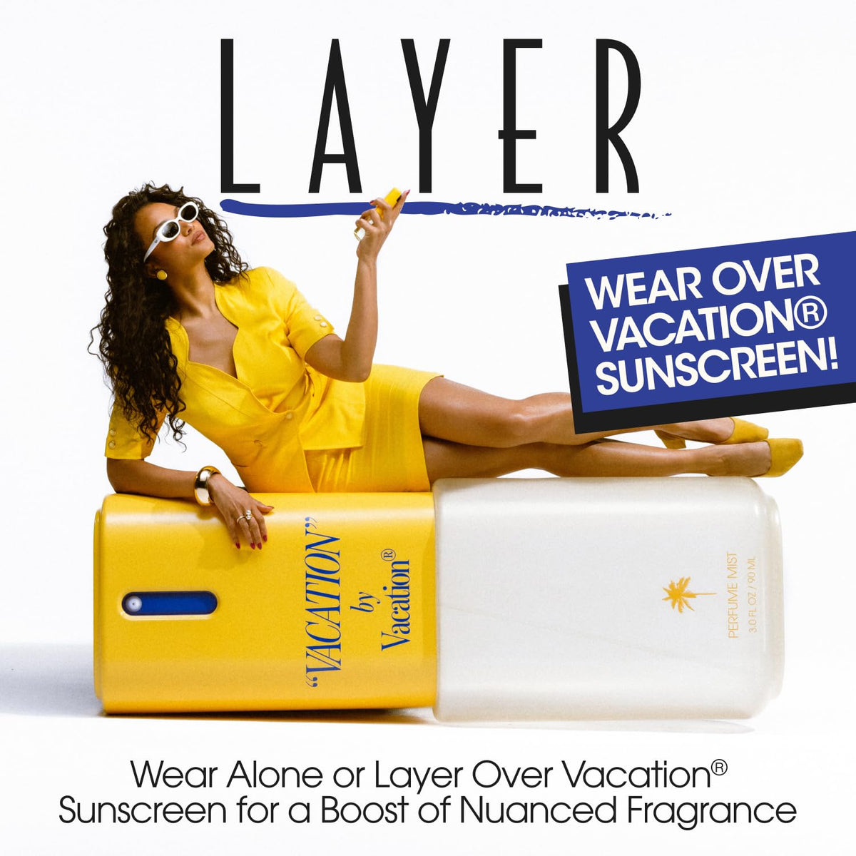 VACATION label details close-up showing perfumer credits and ingredient clarity benefit