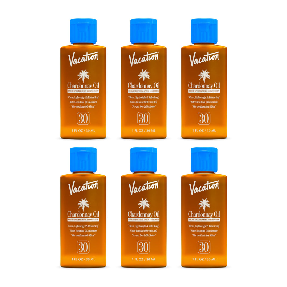 VACATION mini Chardonnay front packaging shows six travel bottles and protection benefits