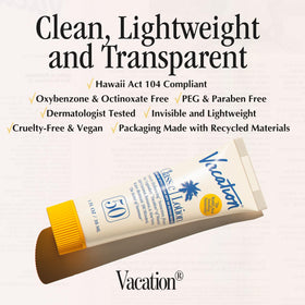 VACATION tube open with sunscreen being dispensed, showing easy reapplication benefit