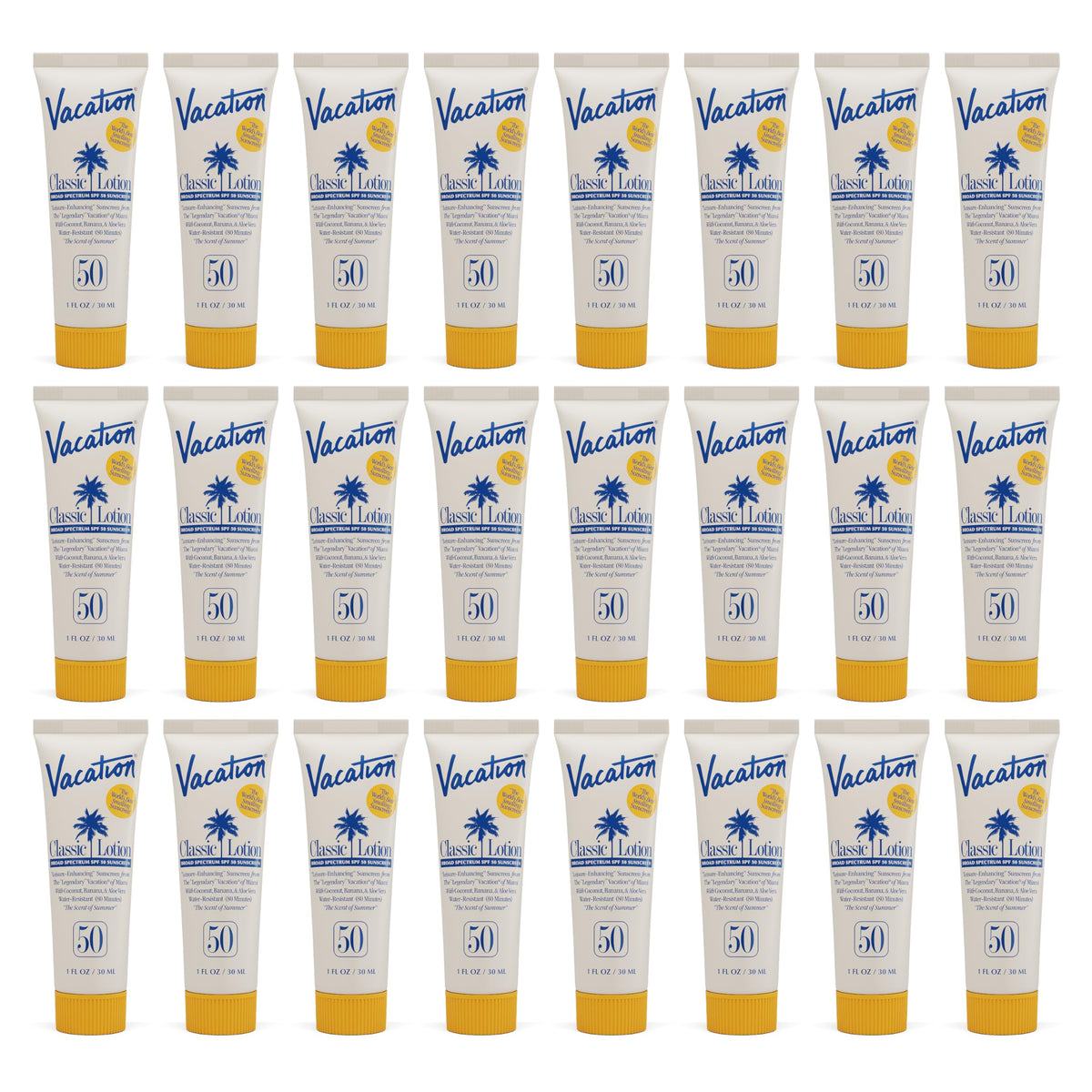 Vacation front packaging showing 1oz tube and 24-pack convenience