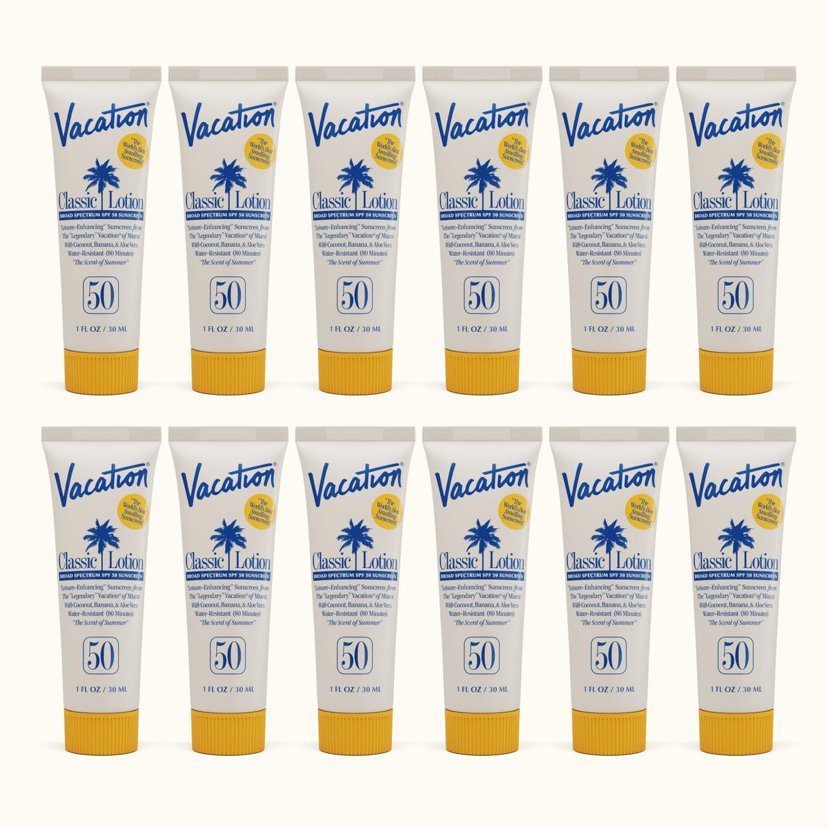 VACATION mini SPF 50 front packaging showing compact travel tubes and branding benefits