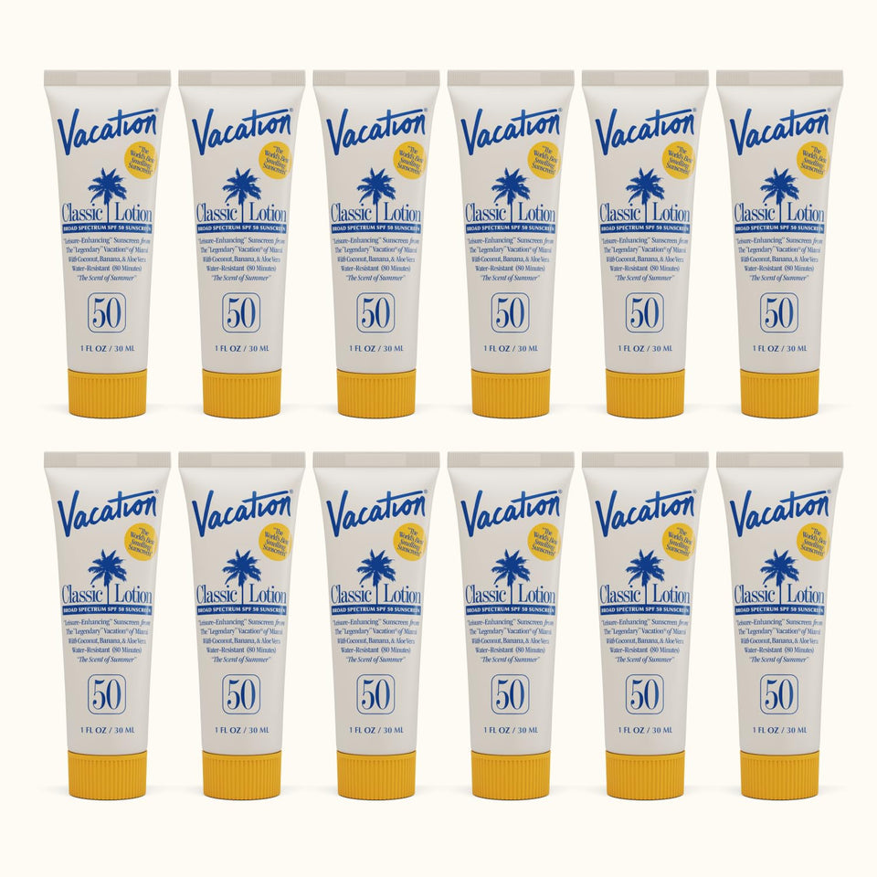 VACATION mini SPF 50 front packaging showing compact travel tubes and branding benefits