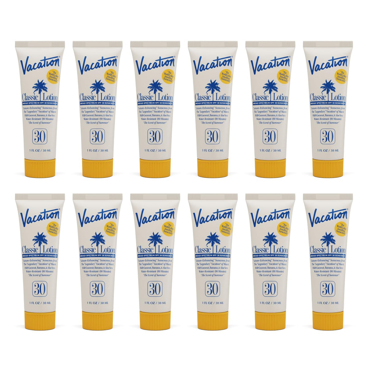 VACATION front packaging showing 12 mini 1oz tubes, convenient travel protection