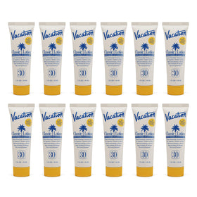 VACATION front packaging showing 12 mini 1oz tubes, convenient travel protection