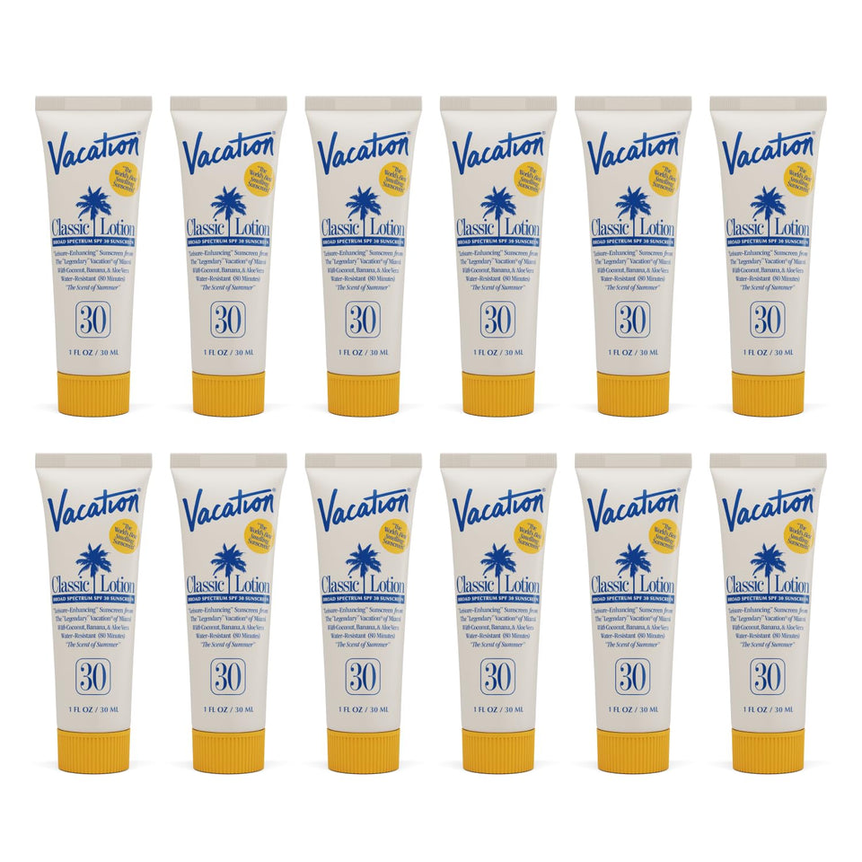 VACATION front packaging showing 12 mini 1oz tubes, convenient travel protection