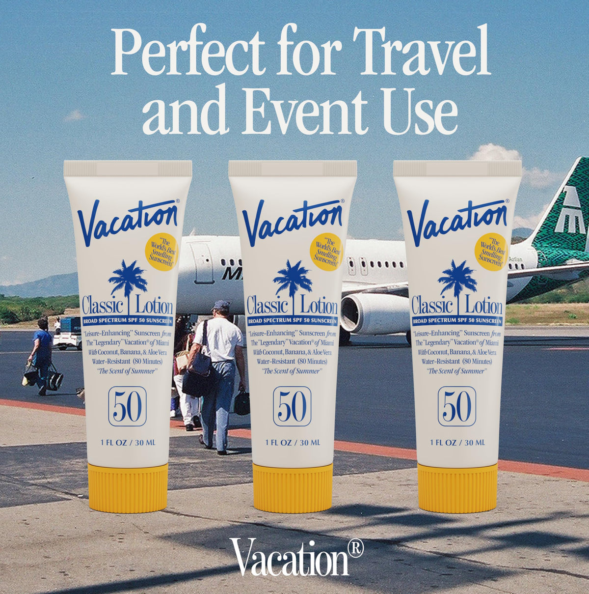 Vacation ingredients lineup including aloe and coconut for moisturization