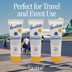 Vacation ingredients lineup including aloe and coconut for moisturization