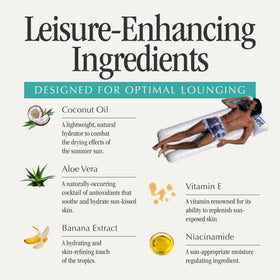 Vacation label close-up highlighting SPF 50, vegan and reef-safe claims