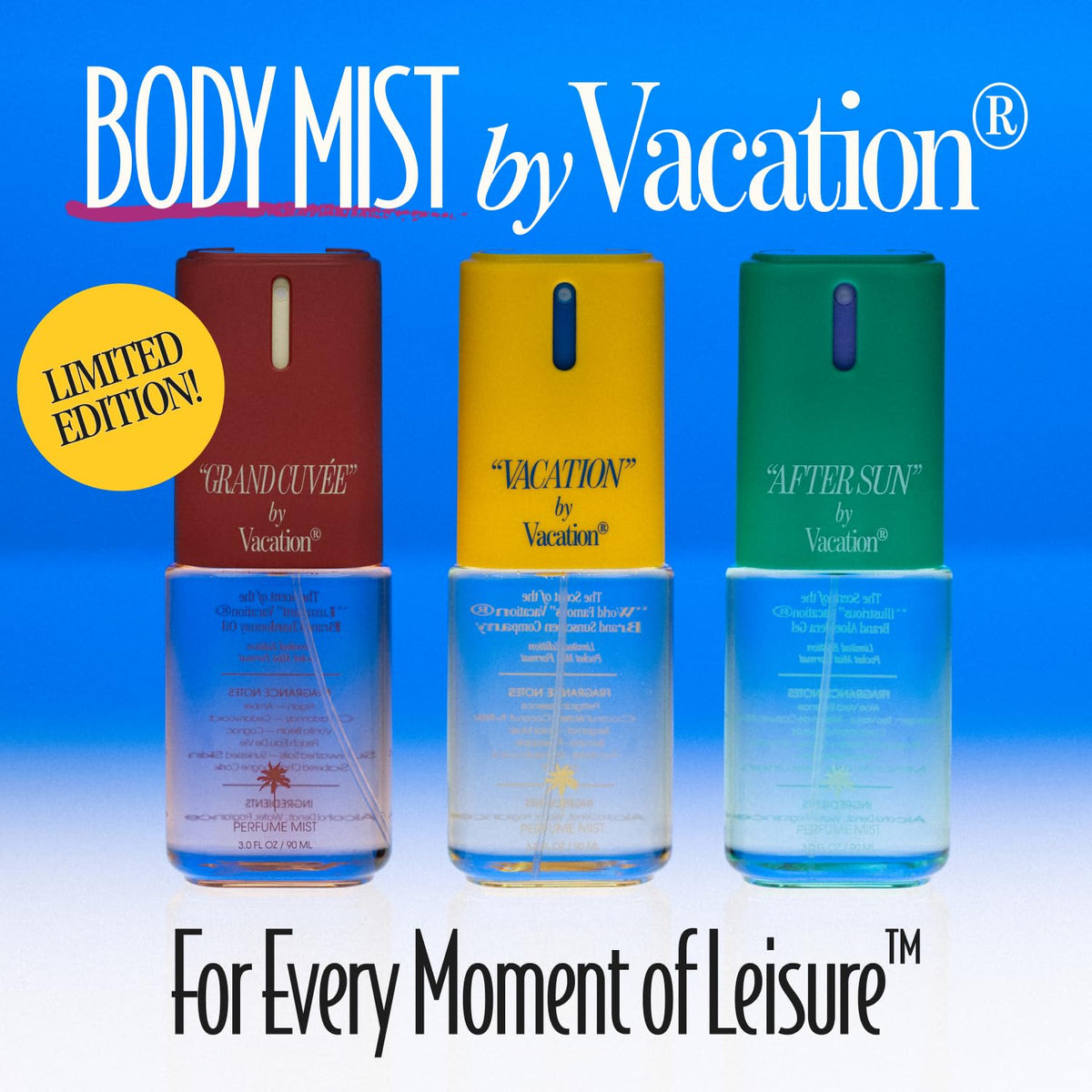 VACATION fine mist cloud over skin showing even coverage and lightness benefit