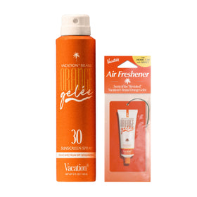 VACATION front bottle shot showing Orange Gelée SPF 30 and benefit of clear glossy finish