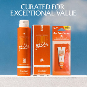 VACATION products beside a hand to show travel-friendly size and portability