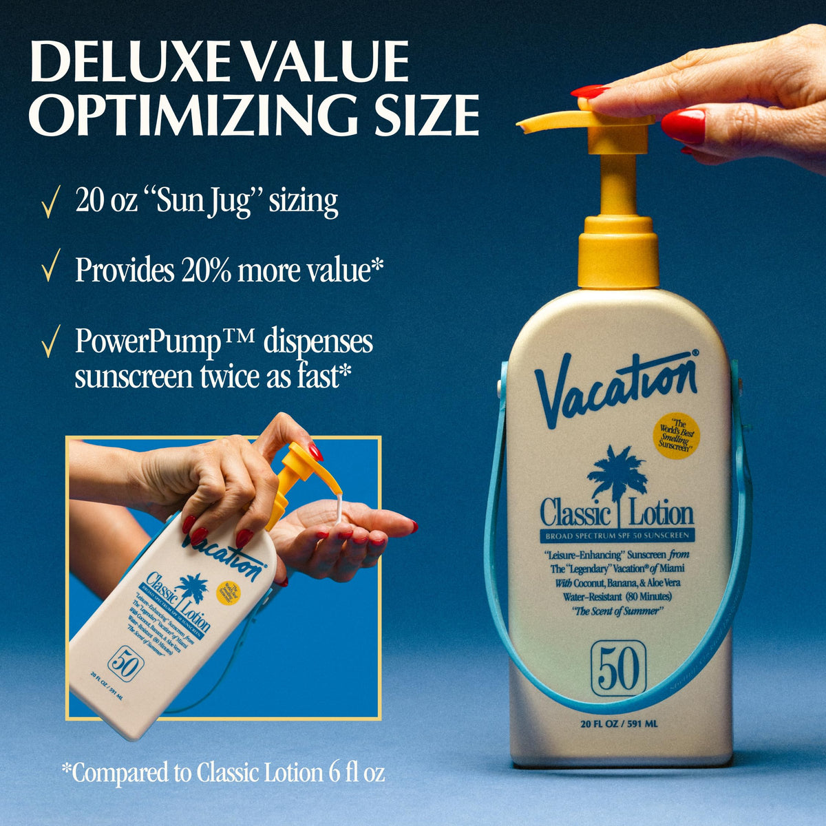 VACATION bottle next to everyday items showing family-size scale and convenience