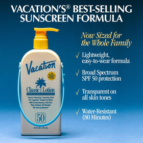 VACATION lotion texture close-up showing lightweight, non-greasy finish