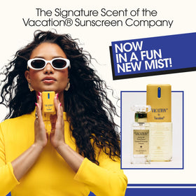 VACATION mist being sprayed on wrist showing quick refresh benefit