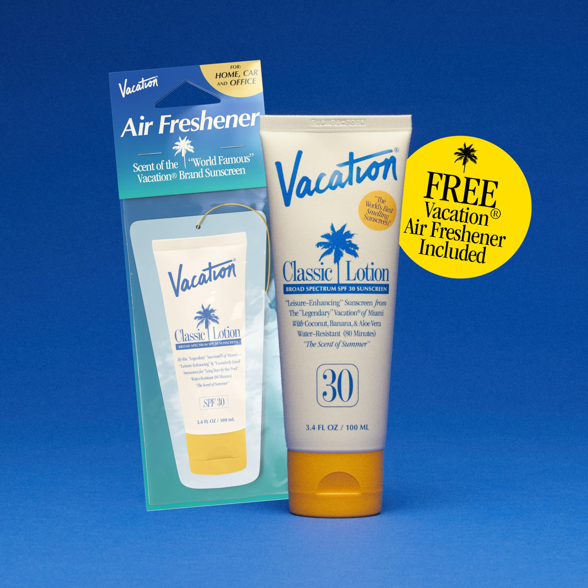 VACATION label detail highlighting ingredients and compliance benefits