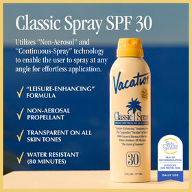 VACATION spray nozzle close-up demonstrating continuous non-aerosol misting