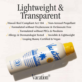 VACATION sunscreen next to hand for scale, travel-friendly 6 fl oz size