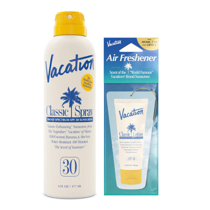 VACATION sunscreen spray front view showing bottle and branding, easy protection