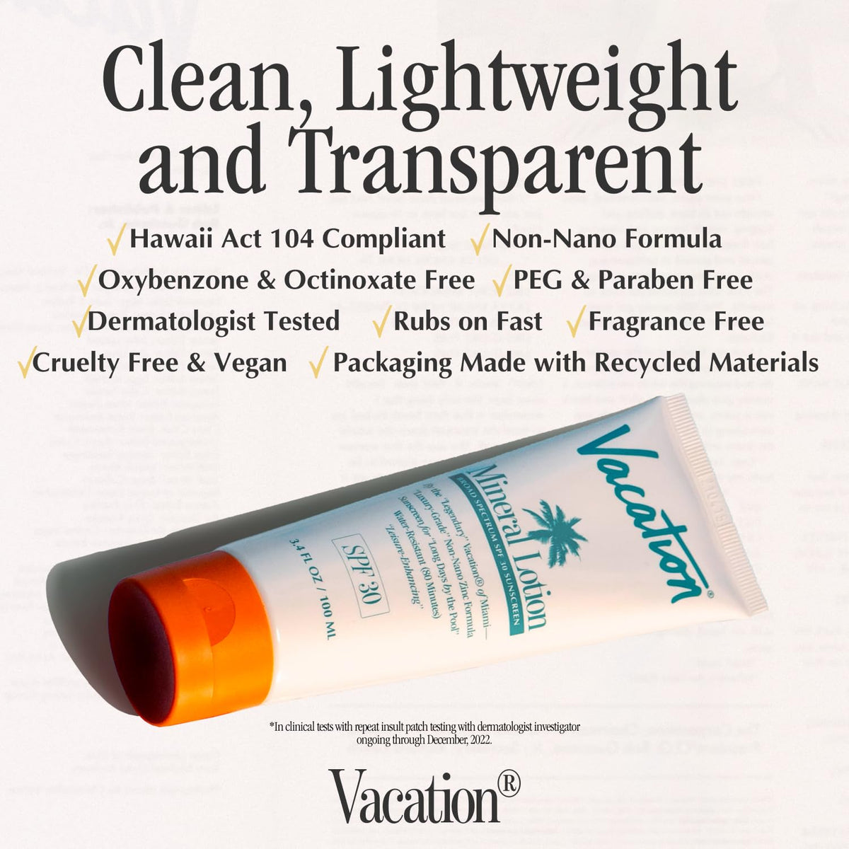 VACATION sunscreen travel size beside passport, compact for flights