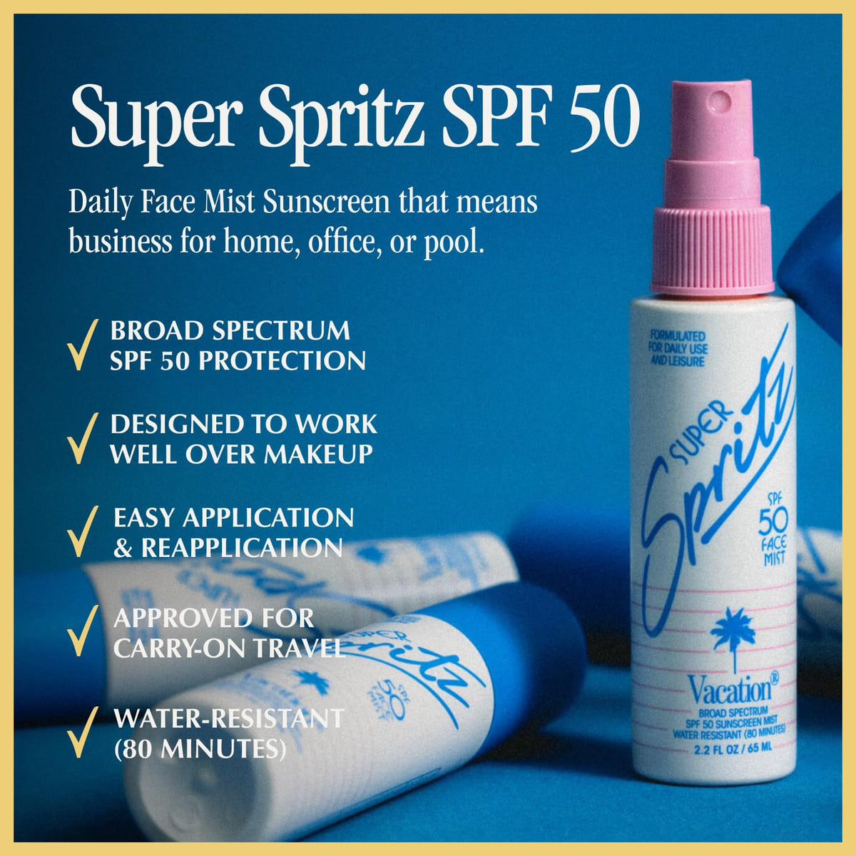 VACATION fine mist close-up demonstrating even spray and quick reapplication benefit